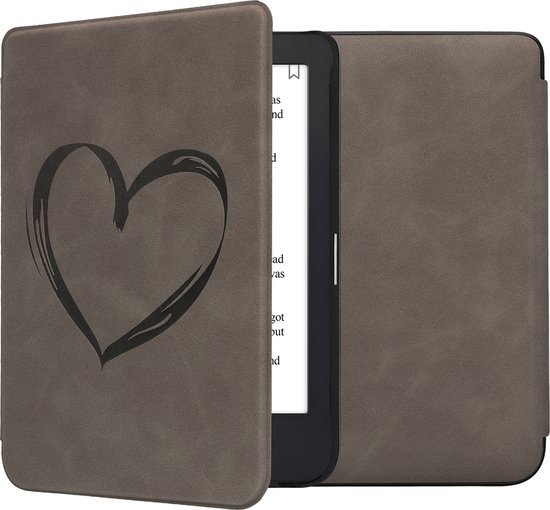 kwmobile e-reader hoesje geschikt voor Kobo Clara 2E hoes - Ereader flip case met standaard - Kunstleren e reader cover - Brushed Hart design in grijs