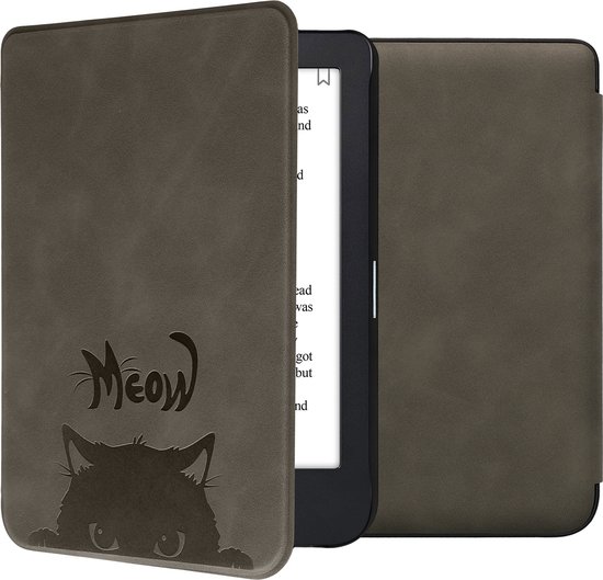 kwmobile e-reader hoesje geschikt voor Kobo Clara 2E hoes - Ereader flip case met standaard - Kunstleren e reader cover - Kat Meow design in grijs / zwart van Merkloos