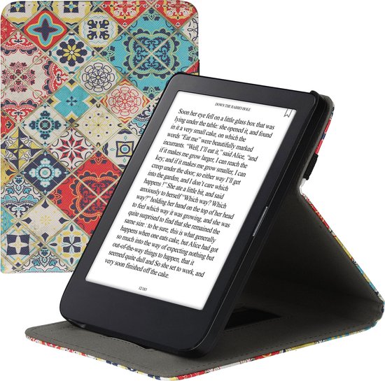 kwmobile e-reader hoesje geschikt voor Kobo Clara 2E hoes - Ereader flip case met standaard - Kunstleren e reader cover - Marokkaanse Tegels Bont design in blauw / rood / lichtbruin van Merkloos