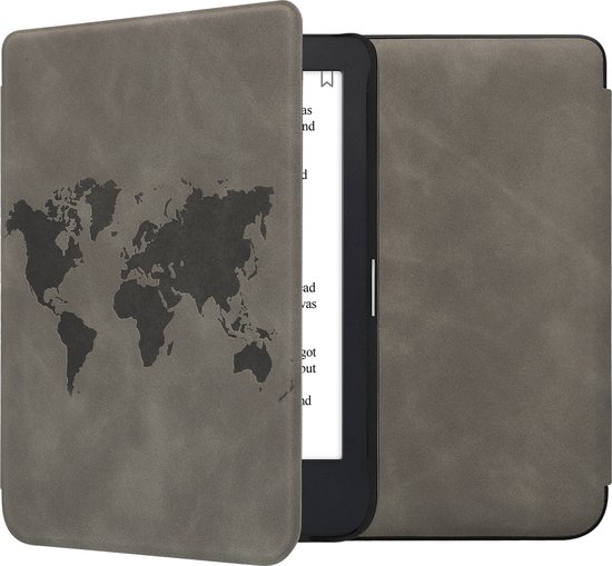 kwmobile e-reader hoesje geschikt voor Kobo Clara 2E hoes - Ereader flip case met standaard - Kunstleren e reader cover - Wereldkaart design in grijs