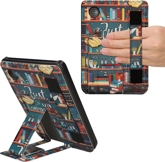 kwmobile e-reader hoesje geschikt voor Kobo Clara 2E hoes - Met polsband en standaard - Kunstleren e reader beschermhoes - bibliotheek design van Merkloos