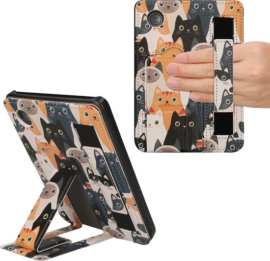 kwmobile e-reader hoesje geschikt voor Kobo Clara 2E hoes - Met polsband en standaard - Kunstleren e reader beschermhoes - Katten design van Merkloos