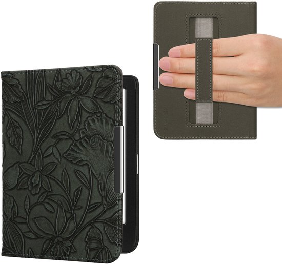 kwmobile e-reader hoesje geschikt voor Kobo Clara BW / Colour hoes - E reader flip case met magneetsluiting - Ereader cover - Bloemen in reliëf design in groen van Merkloos