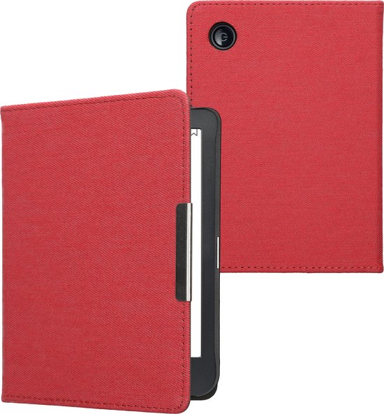 kwmobile e-reader hoesje geschikt voor Kobo Clara BW / Colour hoes - E reader flip case met magneetsluiting - Ereader cover - Denim design in rood van Merkloos