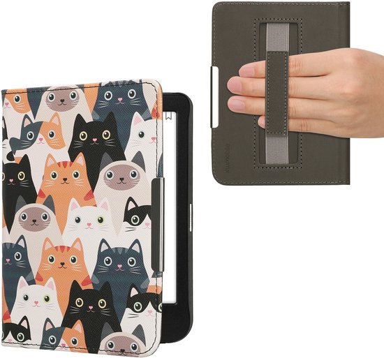 kwmobile e-reader hoesje geschikt voor Kobo Clara BW / Colour hoes - E reader flip case met magneetsluiting - Ereader cover - Katten design in oranje / zwart / wit van Merkloos