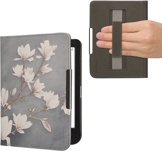 kwmobile e-reader hoesje geschikt voor Kobo Clara BW / Colour hoes - E reader flip case met magneetsluiting - Ereader cover - Magnolia design in taupe / wit / blauwgrijs van Merkloos