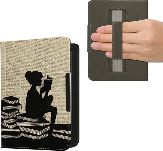 kwmobile e-reader hoesje geschikt voor Kobo Clara BW / Colour hoes - E reader flip case met magneetsluiting - Ereader cover - Meisje met boeken design in zwart / beige van Merkloos
