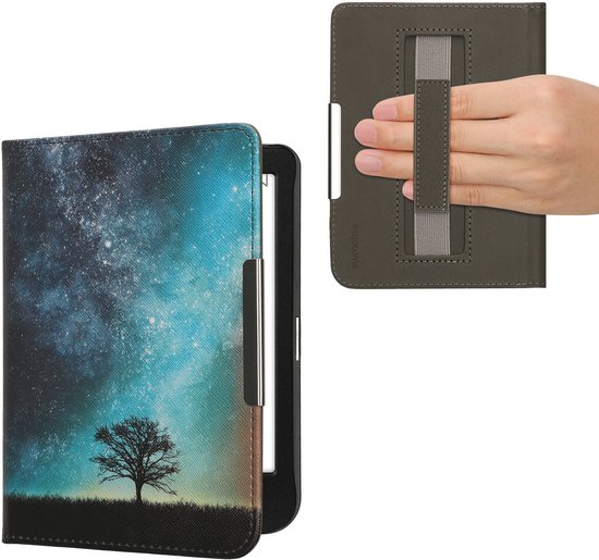 kwmobile e-reader hoesje geschikt voor Kobo Clara BW / Colour hoes - E reader flip case met magneetsluiting - Ereader cover - Sterrenstelsel en Boom design in blauw / grijs / zwart van Merkloos