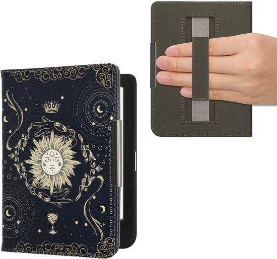 kwmobile e-reader hoesje geschikt voor Kobo Clara BW / Colour hoes - E reader flip case met magneetsluiting - Ereader cover - Tarotkaart design in donkerblauw / geel / zwart van Merkloos