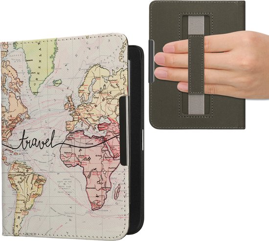 kwmobile e-reader hoesje geschikt voor Kobo Clara BW / Colour hoes - E reader flip case met magneetsluiting - Ereader cover - Travel Wereldkaart design in zwart / meerkleurig van Merkloos