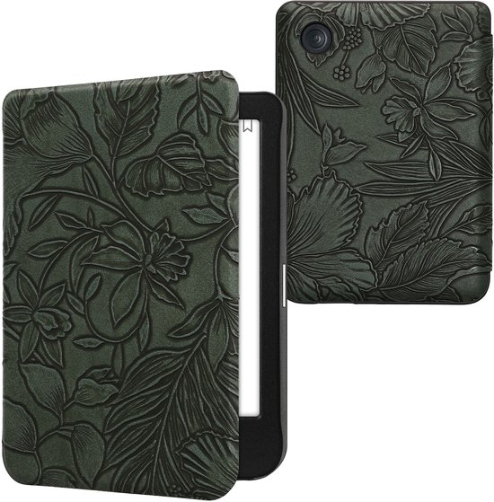 kwmobile e-reader hoesje geschikt voor Kobo Clara BW / Colour hoes - E reader flip case met magnetische sluiting - Ereader cover - Bloemen in reliëf design in groen van Merkloos