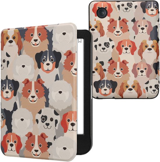 kwmobile e-reader hoesje geschikt voor Kobo Clara BW / Colour hoes - E reader flip case met magnetische sluiting - Ereader cover - Honden Ontwerp design in wit / lichtbruin / grijs van Merkloos