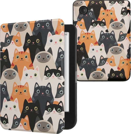 kwmobile e-reader hoesje geschikt voor Kobo Clara BW / Colour hoes - E reader flip case met magnetische sluiting - Ereader cover - Katten design in oranje / zwart / wit van Merkloos
