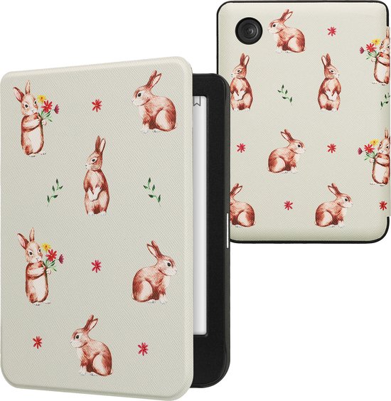 kwmobile e-reader hoesje geschikt voor Kobo Clara BW / Colour hoes - E reader flip case met magnetische sluiting - Ereader cover - Konijntjes en Bloemen design in wit / bruin / grijsgroen van Merkloos