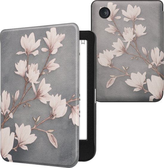kwmobile e-reader hoesje geschikt voor Kobo Clara BW / Colour hoes - E reader flip case met magnetische sluiting - Ereader cover - Magnolia design in taupe / wit / blauwgrijs van Merkloos