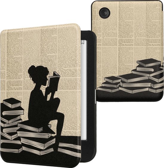 kwmobile e-reader hoesje geschikt voor Kobo Clara BW / Colour hoes - E reader flip case met magnetische sluiting - Ereader cover - Meisje met boeken design in zwart / beige van Merkloos