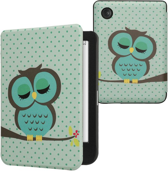 kwmobile e-reader hoesje geschikt voor Kobo Clara BW / Colour hoes - E reader flip case met magnetische sluiting - Ereader cover - Slapende Uil design in turquoise / bruin / mintgroen van Merkloos