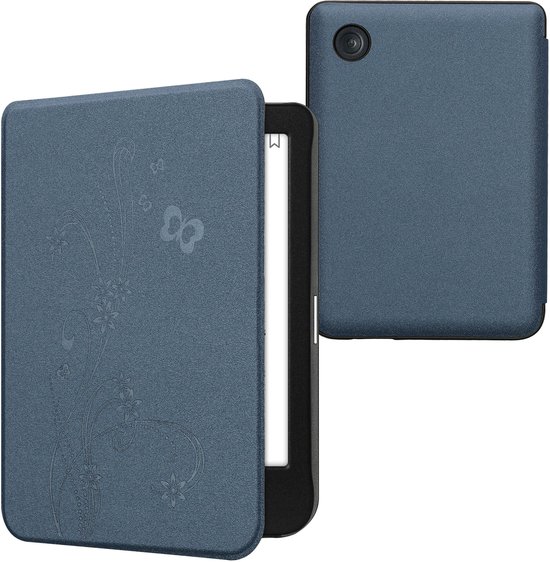 kwmobile e-reader hoesje geschikt voor Kobo Clara BW / Colour hoes - E reader flip case met magnetische sluiting - Ereader cover - Stengels en Vlinder design in donkerblauw van Merkloos