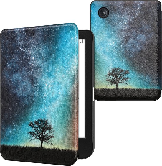 kwmobile e-reader hoesje geschikt voor Kobo Clara BW / Colour hoes - E reader flip case met magnetische sluiting - Ereader cover - Sterrenstelsel en Boom design in blauw / grijs / zwart van Merkloos