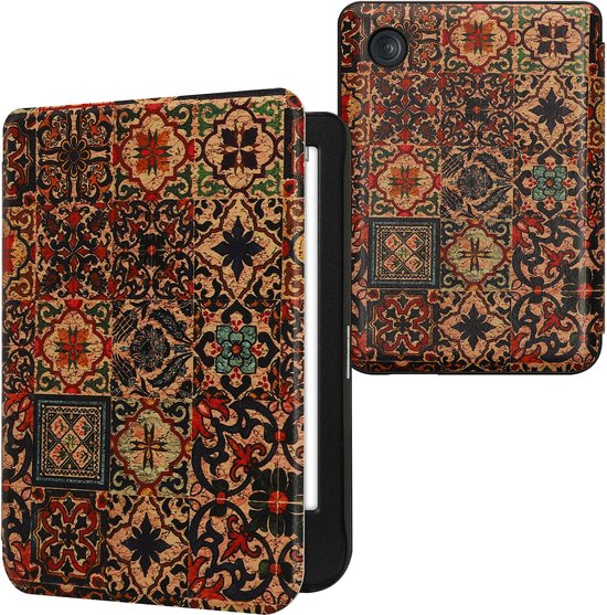 kwmobile e-reader hoesje geschikt voor Kobo Clara BW / Colour hoes - E reader flip case met magnetische sluiting - Ereader cover - Tegelmotief design in bruin / blauw / rood