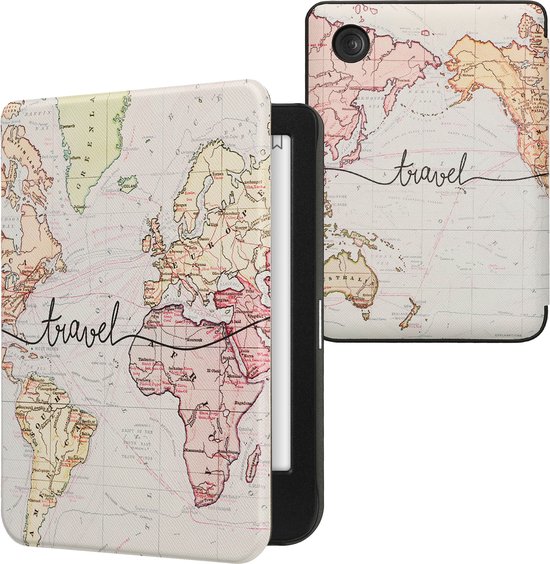 kwmobile e-reader hoesje geschikt voor Kobo Clara BW / Colour hoes - E reader flip case met magnetische sluiting - Ereader cover - Travel Wereldkaart design in zwart / meerkleurig van Merkloos