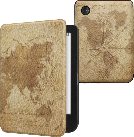 kwmobile e-reader hoesje geschikt voor Kobo Clara BW / Colour hoes - E reader flip case met magnetische sluiting - Ereader cover - Vintage Travel design in bruin / lichtbruin van Merkloos