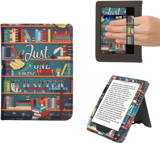 kwmobile e-reader hoesje geschikt voor Kobo Clara BW / Colour hoes - E reader flip case van kunstleer - Ereader cover met stand - bibliotheek design in meerkleurig van Merkloos