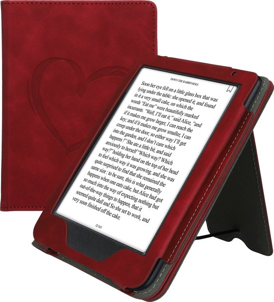 kwmobile e-reader hoesje geschikt voor Kobo Clara BW / Colour hoes - E reader flip case van kunstleer - Ereader cover met stand - Brushed Hart design in donkerrood