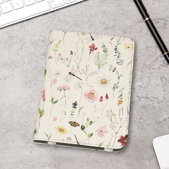 kwmobile e-reader hoesje geschikt voor Kobo Clara BW / Colour hoes - E reader flip case van kunstleer - Ereader cover met stand - Daisy-varens design in wit / geel / groen