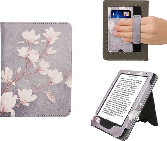 kwmobile e-reader hoesje geschikt voor Kobo Clara BW / Colour hoes - E reader flip case van kunstleer - Ereader cover met stand - Magnolia design in taupe / wit / blauwgrijs van Merkloos