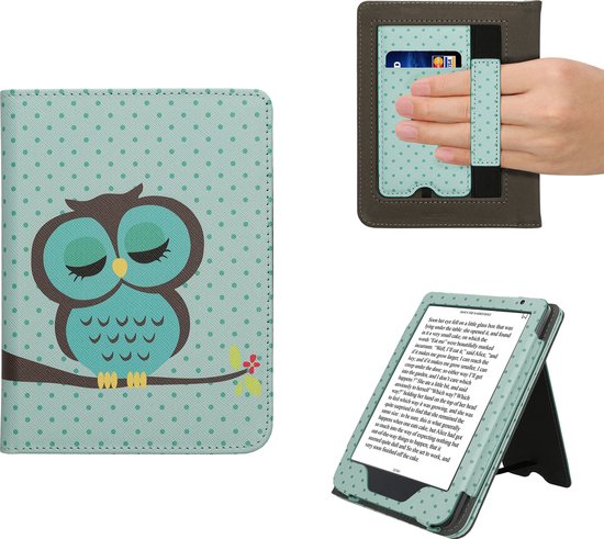 kwmobile e-reader hoesje geschikt voor Kobo Clara BW / Colour hoes - E reader flip case van kunstleer - Ereader cover met stand - Slapende Uil design in turquoise / bruin / mintgroen van Merkloos