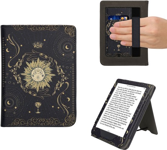 kwmobile e-reader hoesje geschikt voor Kobo Clara BW / Colour hoes - E reader flip case van kunstleer - Ereader cover met stand - Tarotkaart design in donkerblauw / geel / zwart van kwmobile