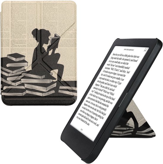 kwmobile e-reader hoesje geschikt voor Kobo Clara BW / Colour hoes - Ereader flip case met standaard - E reader cover van kunstleer - In zwart / beige van Merkloos