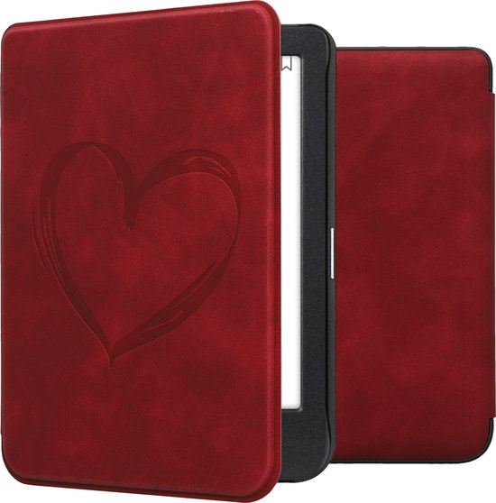 kwmobile e-reader hoesje geschikt voor Kobo Clara BW / Colour hoes - Ereader flip case met standaard - Kunstleren e reader cover - Brushed Hart design in donkerrood van Merkloos