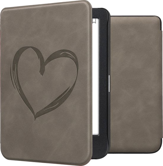 kwmobile e-reader hoesje geschikt voor Kobo Clara BW / Colour hoes - Ereader flip case met standaard - Kunstleren e reader cover - Brushed Hart design in grijs van Merkloos