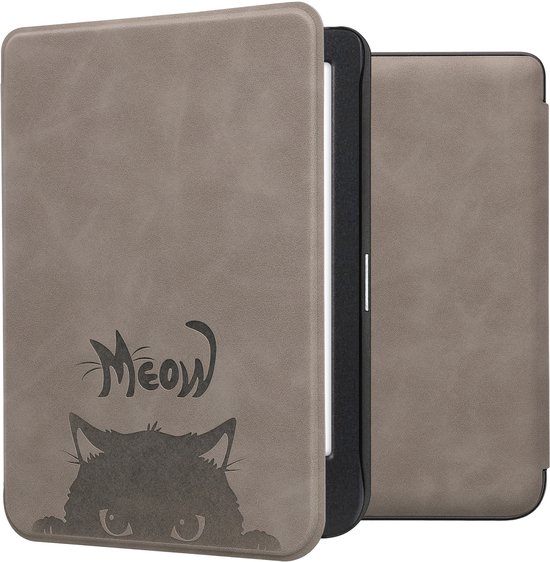 kwmobile e-reader hoesje geschikt voor Kobo Clara BW / Colour hoes - Ereader flip case met standaard - Kunstleren e reader cover - Kat Meow design in grijs / zwart van Merkloos