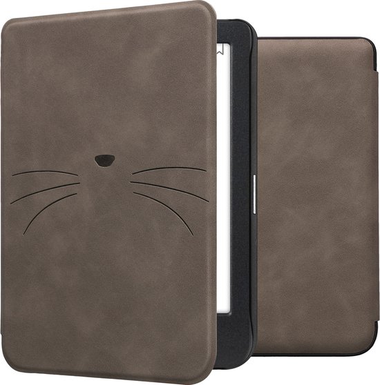 kwmobile e-reader hoesje geschikt voor Kobo Clara BW / Colour hoes - Ereader flip case met standaard - Kunstleren e reader cover - Kat Miauw design in grijs van Merkloos