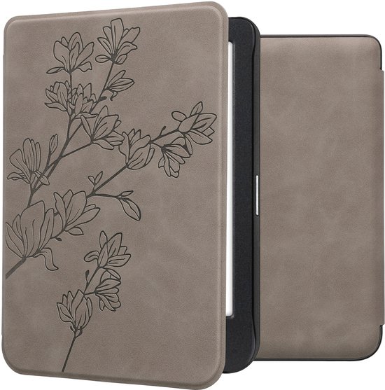 kwmobile e-reader hoesje geschikt voor Kobo Clara BW / Colour hoes - Ereader flip case met standaard - Kunstleren e reader cover - Magnolia design in grijs