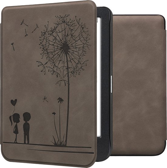 kwmobile e-reader hoesje geschikt voor Kobo Clara BW / Colour hoes - Ereader flip case met standaard - Kunstleren e reader cover - Paardenbloemen Liefde design in grijs van Merkloos