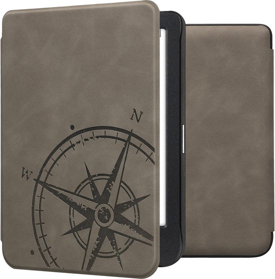kwmobile e-reader hoesje geschikt voor Kobo Clara BW / Colour hoes - Ereader flip case met standaard - Kunstleren e reader cover - Vintage Kompas design in grijs van Merkloos