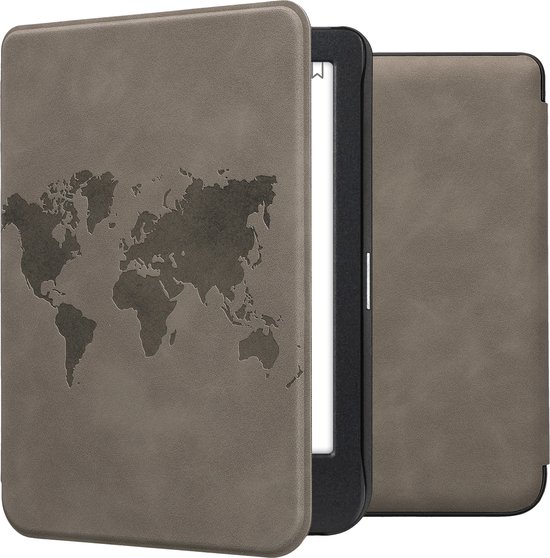 kwmobile e-reader hoesje geschikt voor Kobo Clara BW / Colour hoes - Ereader flip case met standaard - Kunstleren e reader cover - Wereldkaart design in grijs van Merkloos