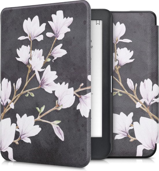 kwmobile e-reader hoesje geschikt voor Kobo Clara HD hoes - E reader flip case met magnetische sluiting - Ereader cover - Magnolia design in taupe / wit / donkergrijs van kwmobile