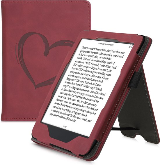 kwmobile e-reader hoesje geschikt voor Kobo Clara HD hoes - E reader flip case van kunstleer - Ereader cover met stand - Brushed Hart design in donkerrood van Merkloos