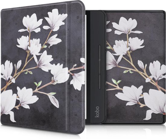 kwmobile e-reader hoesje geschikt voor Kobo Forma hoes - E reader flip case met magnetische sluiting - Ereader cover - Magnolia design in taupe / wit / donkergrijs van Merkloos