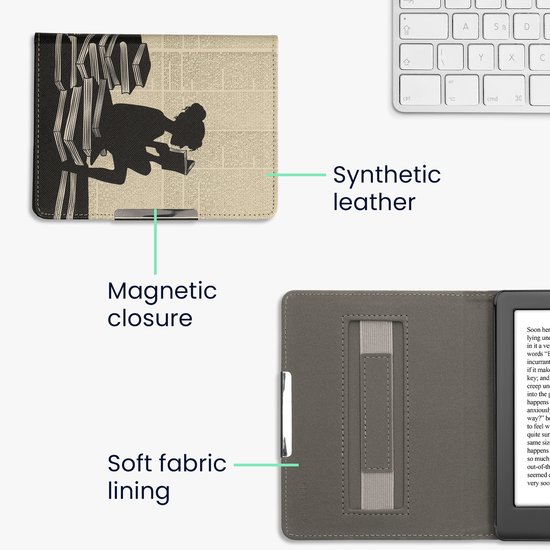 kwmobile e-reader hoesje geschikt voor Kobo Glo HD / Touch 2.0 hoes - E reader flip case met magneetsluiting - Ereader cover - Meisje met boeken design in zwart / beige