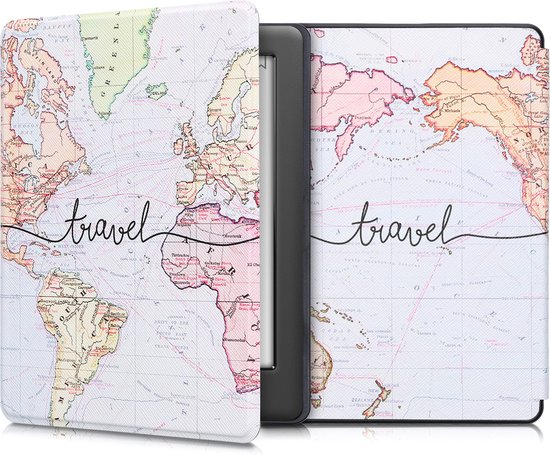 kwmobile e-reader hoesje geschikt voor Kobo Glo HD / Touch 2.0 hoes - E reader flip case met magnetische sluiting - Ereader cover - Travel Wereldkaart design in zwart / meerkleurig van Merkloos