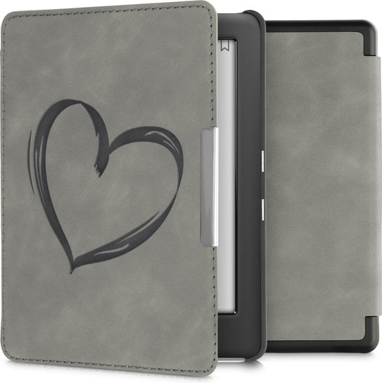 kwmobile e-reader hoesje geschikt voor Kobo Glo HD / Touch 2.0 hoes - Ereader flip case met standaard - Kunstleren e reader cover - Brushed Hart design in grijs van Merkloos