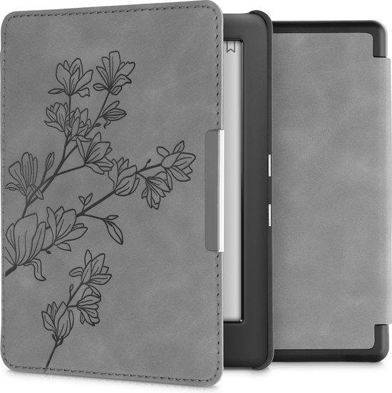 kwmobile e-reader hoesje geschikt voor Kobo Glo HD / Touch 2.0 hoes - Ereader flip case met standaard - Kunstleren e reader cover - Magnolia design in grijs van Merkloos