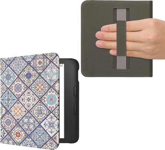 kwmobile e-reader hoesje geschikt voor Kobo Libra 2 hoes - E reader flip case met magneetsluiting - Ereader cover - Marokkaanse Tegels Bont design in blauw / oranje / wit van Merkloos