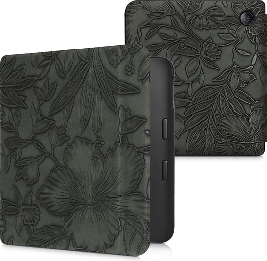 kwmobile e-reader hoesje geschikt voor Kobo Libra 2 hoes - E reader flip case met magnetische sluiting - Ereader cover - Bloemen in reliëf design in groen van kwmobile